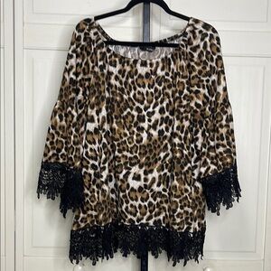 Ali Miles Women's Animal Print Lace Hem 3/4
Sleeve Round Neck Blouse Sz 2X
